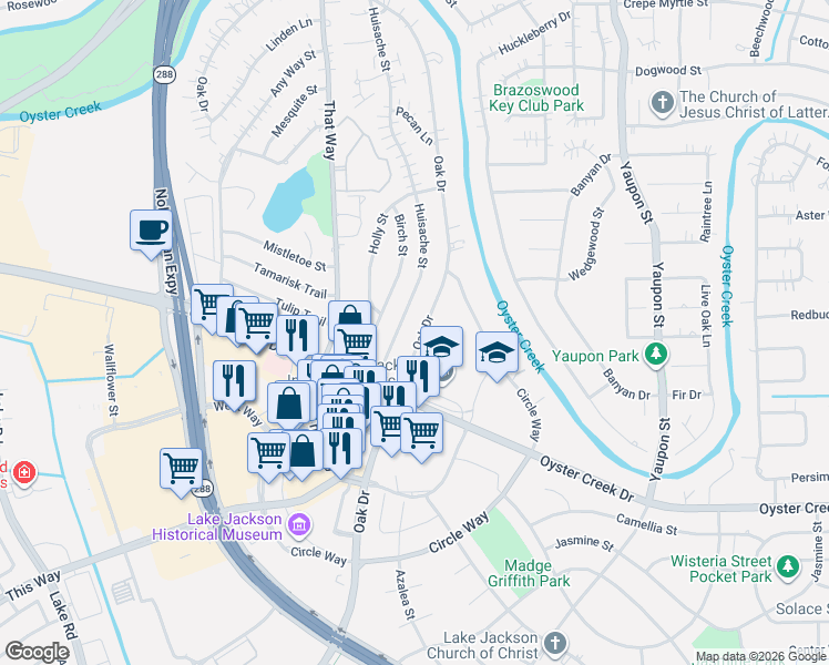 map of restaurants, bars, coffee shops, grocery stores, and more near 116 Huisache Street in Lake Jackson