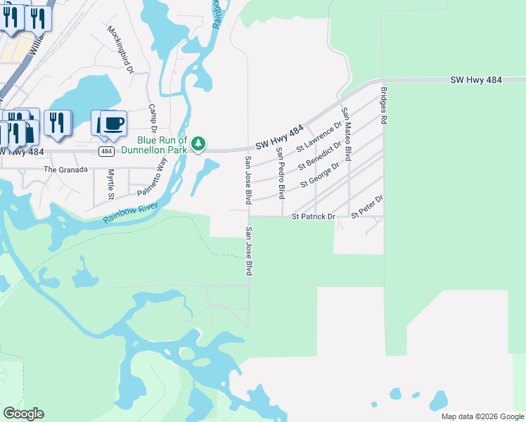 map of restaurants, bars, coffee shops, grocery stores, and more near 19429 Saint Patrick Drive in Dunnellon