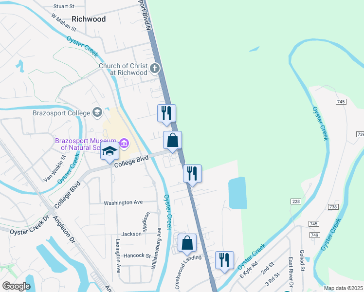 map of restaurants, bars, coffee shops, grocery stores, and more near 1410 Brazosport Boulevard North in Richwood