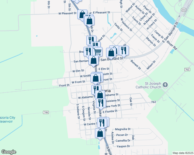map of restaurants, bars, coffee shops, grocery stores, and more near 114 South Brooks Street in Brazoria