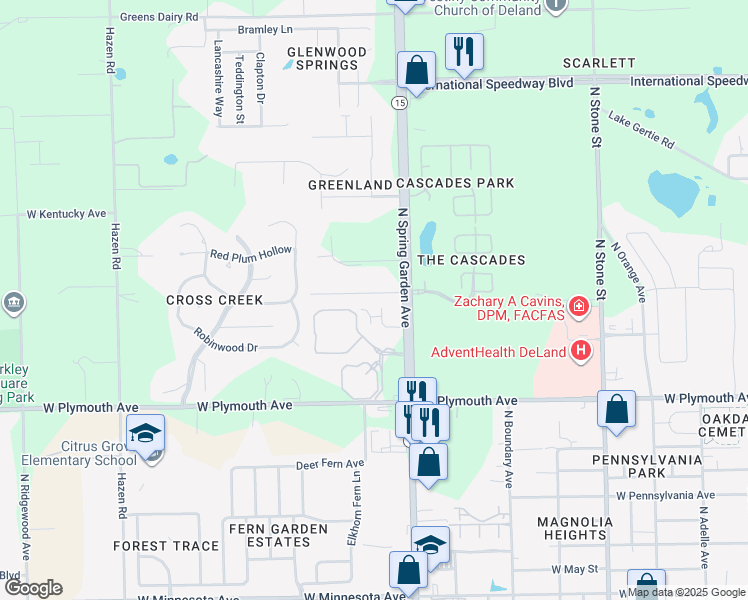 map of restaurants, bars, coffee shops, grocery stores, and more near 1150 Shady Oak Lane in DeLand