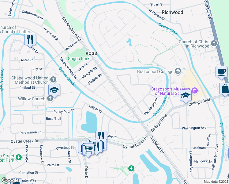 map of restaurants, bars, coffee shops, grocery stores, and more near 119 Old Angleton Road in Lake Jackson