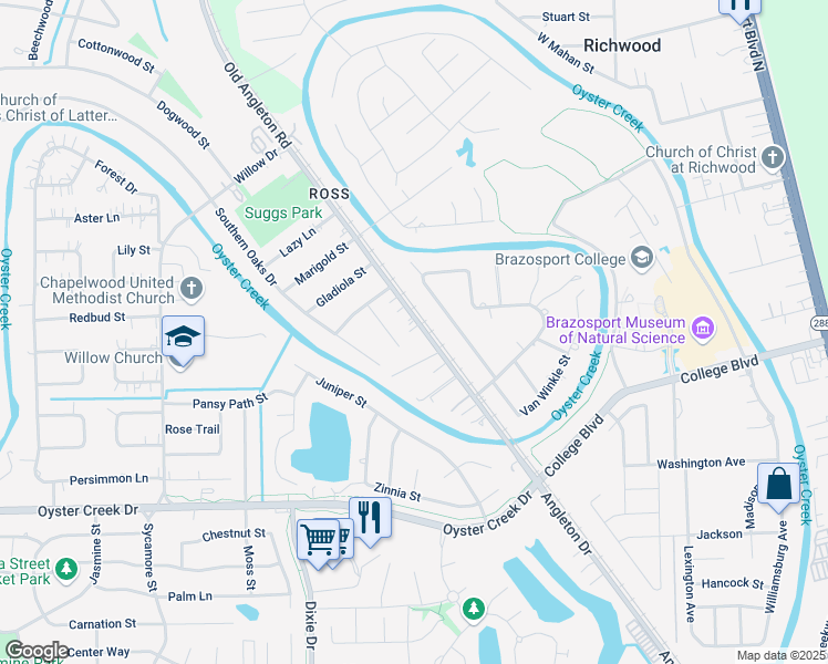 map of restaurants, bars, coffee shops, grocery stores, and more near 119 Old Angleton Road in Lake Jackson
