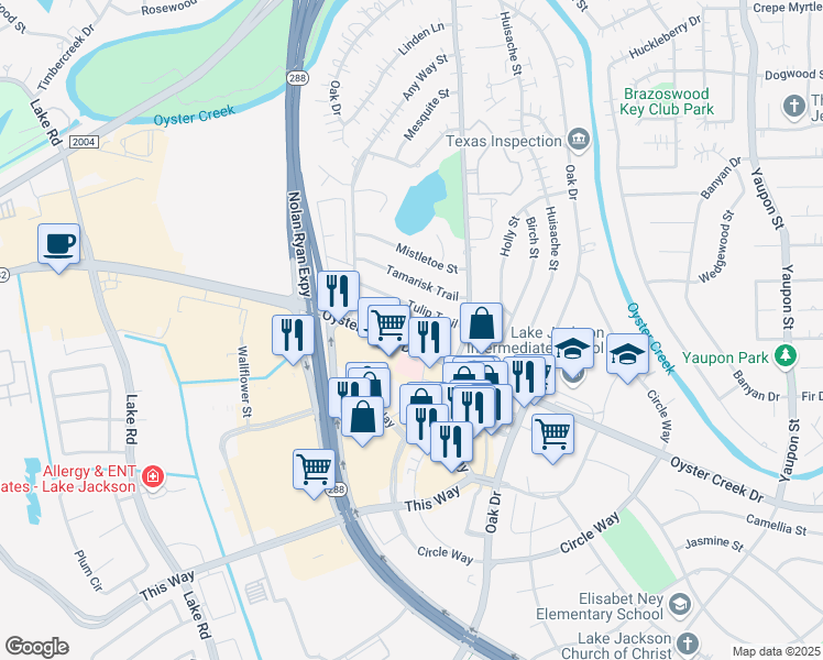 map of restaurants, bars, coffee shops, grocery stores, and more near 132 Oyster Creek Drive in Lake Jackson
