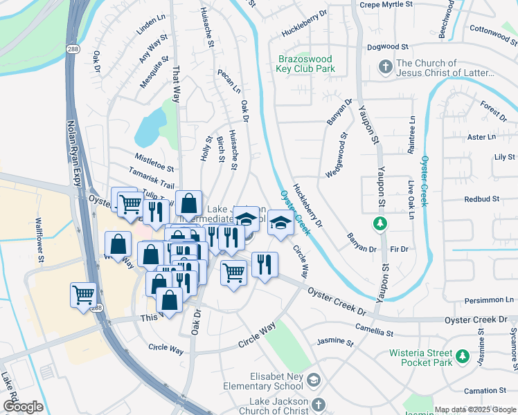 map of restaurants, bars, coffee shops, grocery stores, and more near West Way Street in Lake Jackson