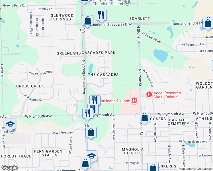 map of restaurants, bars, coffee shops, grocery stores, and more near 1106 Stillwater Drive in DeLand