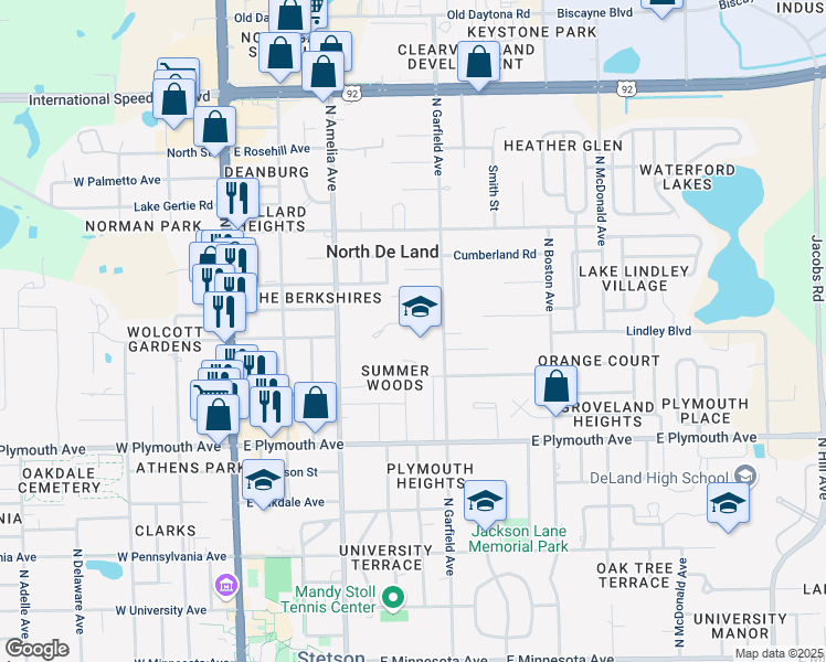 map of restaurants, bars, coffee shops, grocery stores, and more near 1000 North Garfield Avenue in DeLand