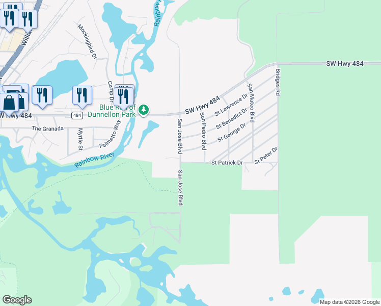 map of restaurants, bars, coffee shops, grocery stores, and more near 19434 Saint George Drive in Dunnellon