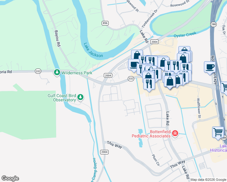 map of restaurants, bars, coffee shops, grocery stores, and more near 221 Texas 332 in Lake Jackson