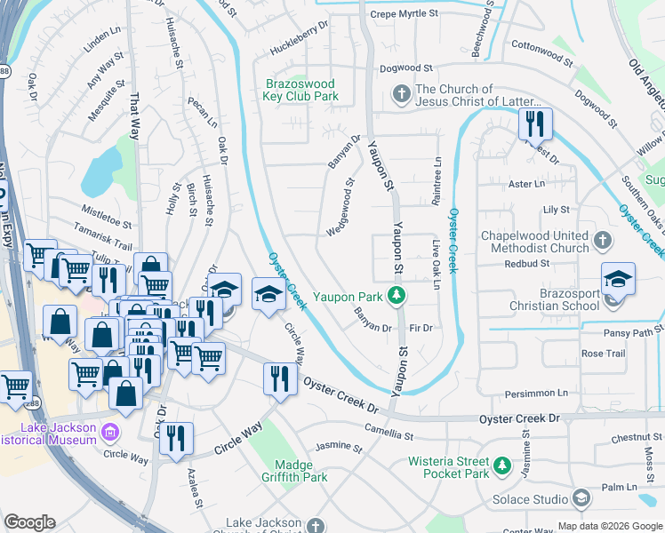 map of restaurants, bars, coffee shops, grocery stores, and more near 214 Banyan Court in Lake Jackson