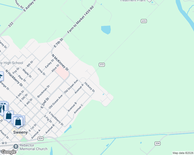 map of restaurants, bars, coffee shops, grocery stores, and more near 1301 Avenue A in Sweeny