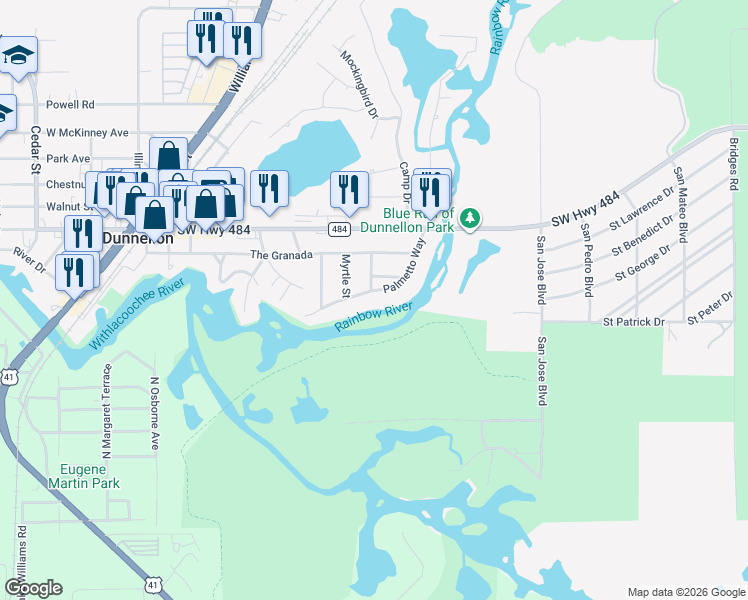 map of restaurants, bars, coffee shops, grocery stores, and more near 19934 Oak Street in Dunnellon