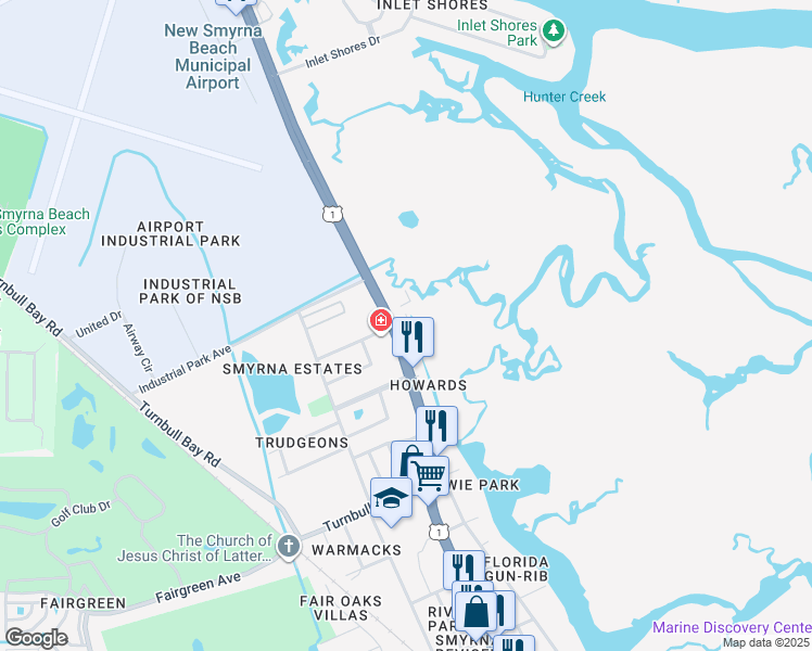 map of restaurants, bars, coffee shops, grocery stores, and more near 1311 North Dixie Freeway in New Smyrna Beach