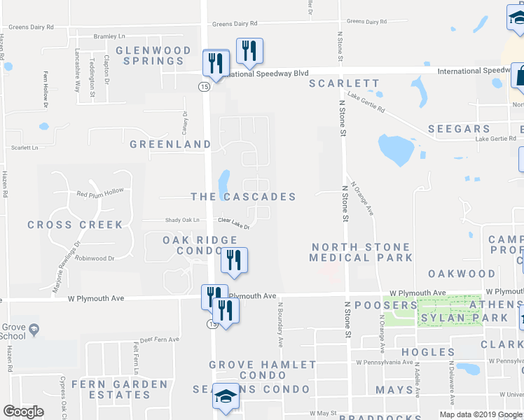 map of restaurants, bars, coffee shops, grocery stores, and more near 1126 Stillwater Drive in DeLand