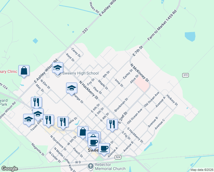 map of restaurants, bars, coffee shops, grocery stores, and more near 608 Maple Street in Sweeny