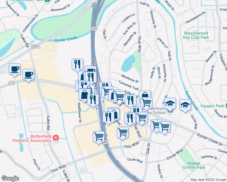 map of restaurants, bars, coffee shops, grocery stores, and more near 131 Tulip Trail in Lake Jackson