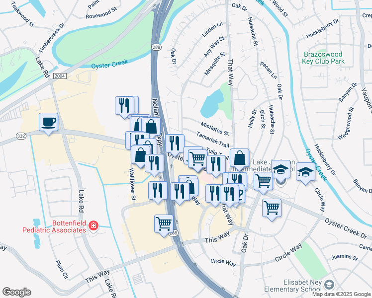 map of restaurants, bars, coffee shops, grocery stores, and more near 142 Oyster Creek Drive in Lake Jackson