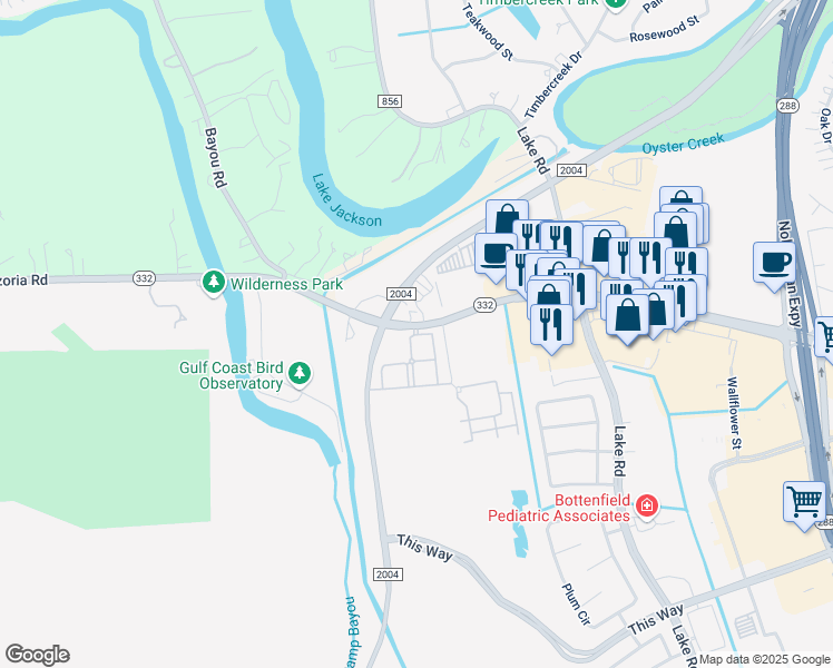 map of restaurants, bars, coffee shops, grocery stores, and more near 221 Texas 332 in Lake Jackson