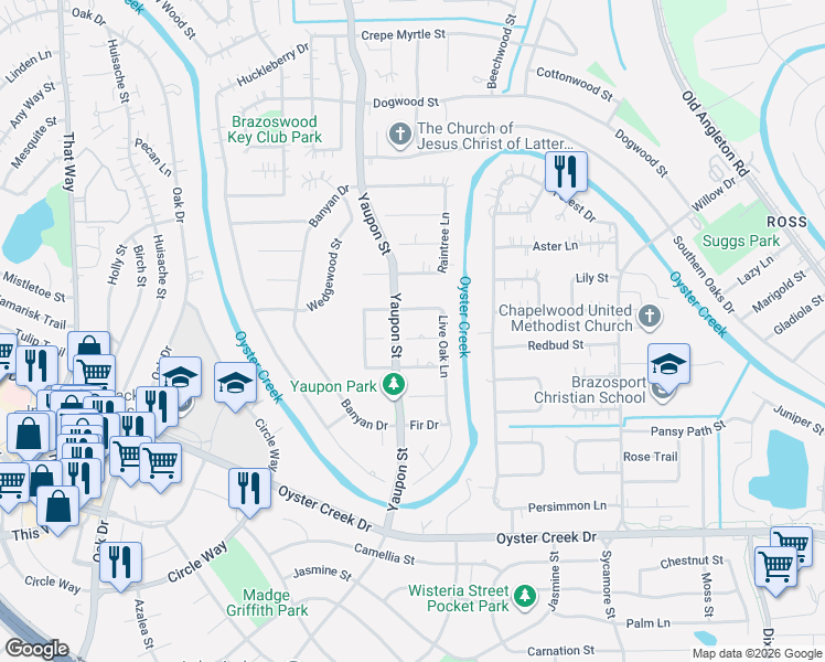 map of restaurants, bars, coffee shops, grocery stores, and more near 58 Poplar Court in Lake Jackson