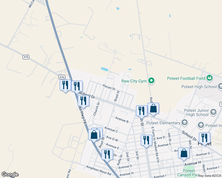 map of restaurants, bars, coffee shops, grocery stores, and more near 129 Joyce Marlene Drive in Poteet