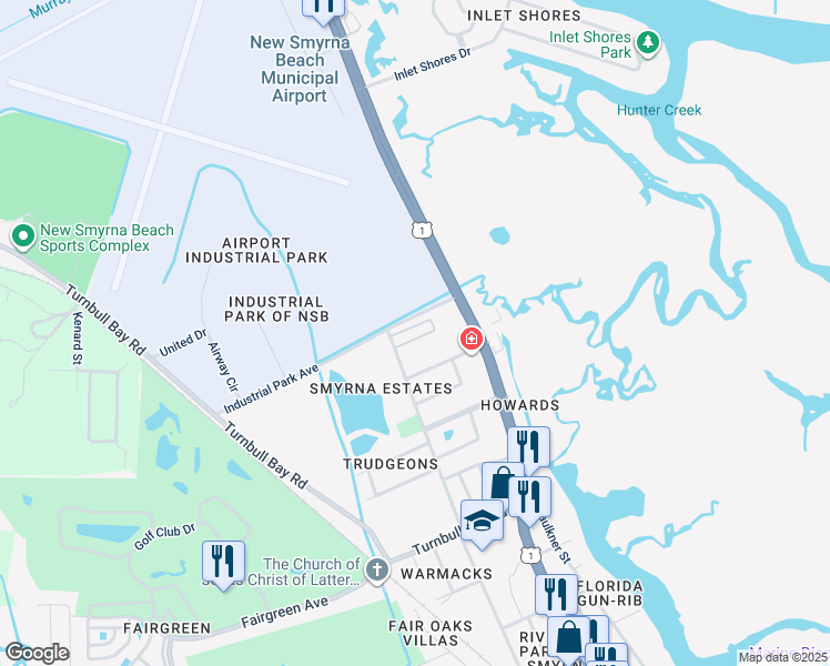 map of restaurants, bars, coffee shops, grocery stores, and more near 1311 Turnbull Street in New Smyrna Beach
