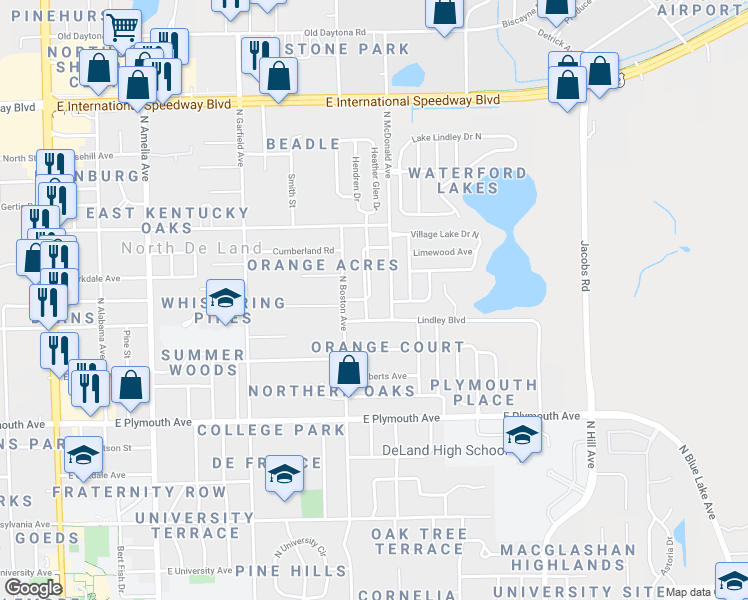 map of restaurants, bars, coffee shops, grocery stores, and more near 3 Sunshine Boulevard in DeLand