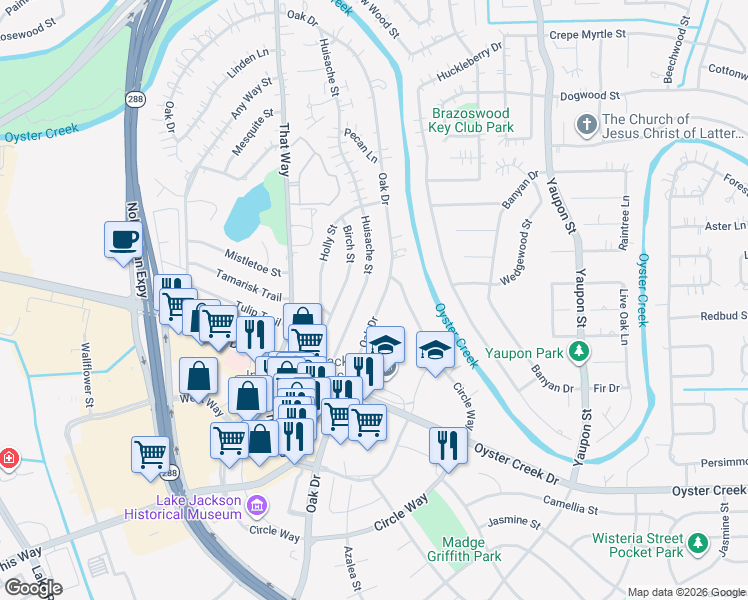 map of restaurants, bars, coffee shops, grocery stores, and more near 135 Oak Drive in Lake Jackson