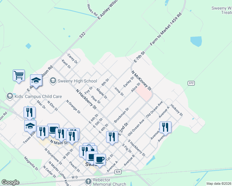 map of restaurants, bars, coffee shops, grocery stores, and more near 604 Walnut St in Sweeny