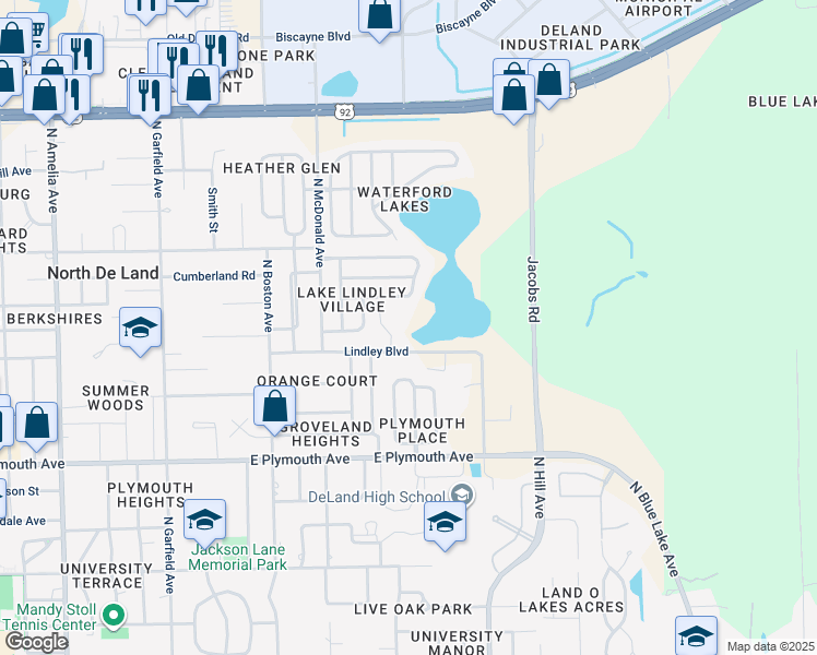 map of restaurants, bars, coffee shops, grocery stores, and more near 1105 Lindley Cove Circle in DeLand