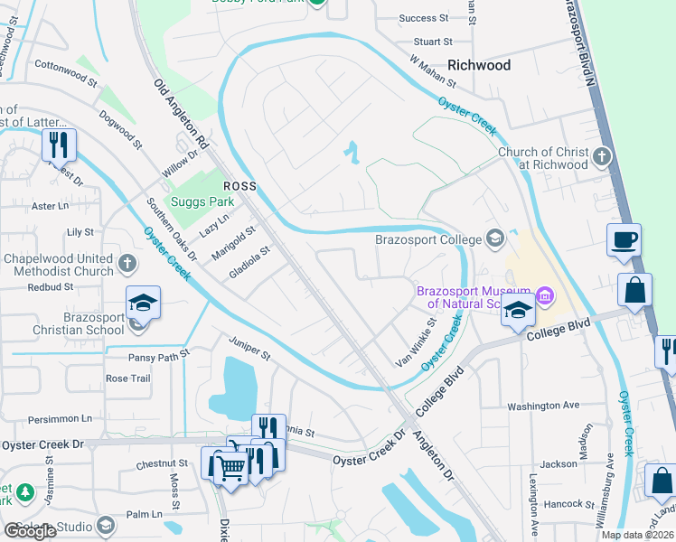 map of restaurants, bars, coffee shops, grocery stores, and more near 213 Sleepy Hollow Drive in Lake Jackson