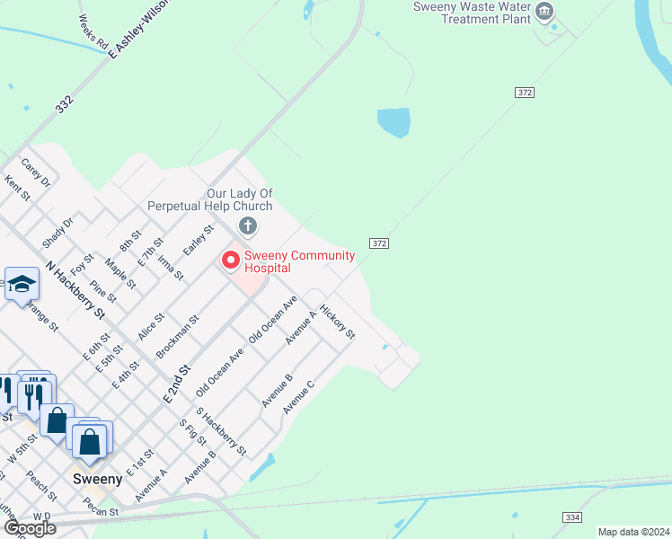 map of restaurants, bars, coffee shops, grocery stores, and more near 1301 Avenue A in Sweeny