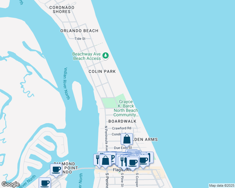 map of restaurants, bars, coffee shops, grocery stores, and more near 1203 North Atlantic Avenue in New Smyrna Beach
