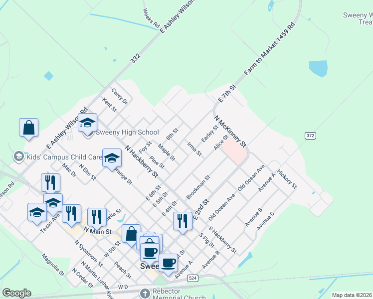 map of restaurants, bars, coffee shops, grocery stores, and more near 604 Walnut Street in Sweeny