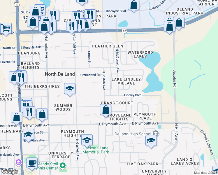 map of restaurants, bars, coffee shops, grocery stores, and more near 6 Sunshine Boulevard in DeLand
