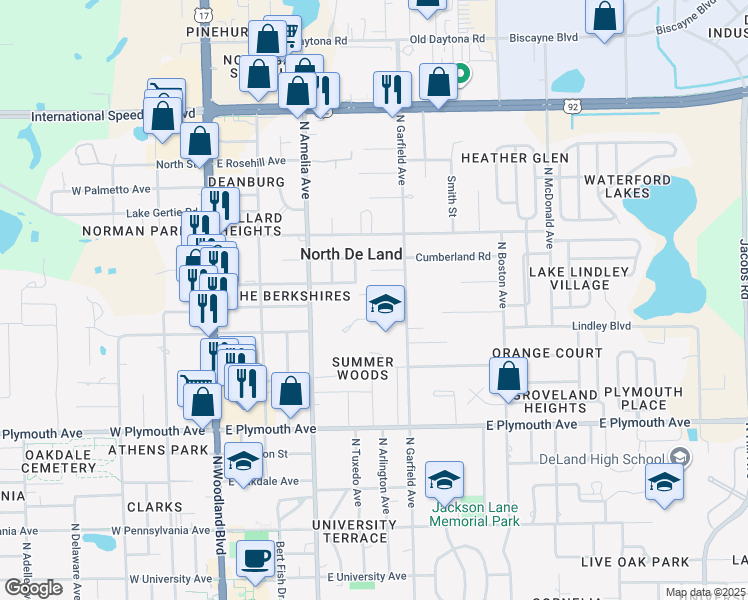 map of restaurants, bars, coffee shops, grocery stores, and more near 408 Brentwood Avenue in DeLand