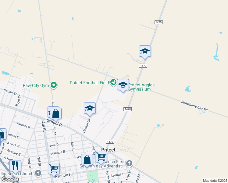 map of restaurants, bars, coffee shops, grocery stores, and more near 1020 Farm to Market Road 1470 in Poteet