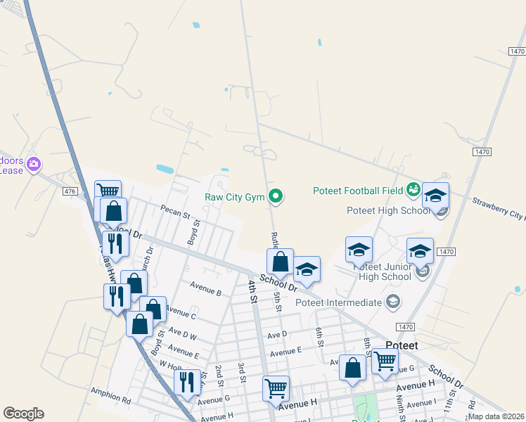 map of restaurants, bars, coffee shops, grocery stores, and more near 265 Rutledge Road in Poteet