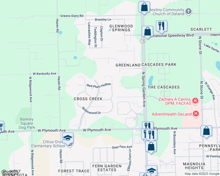 map of restaurants, bars, coffee shops, grocery stores, and more near 1531 East Silver Hammock in DeLand