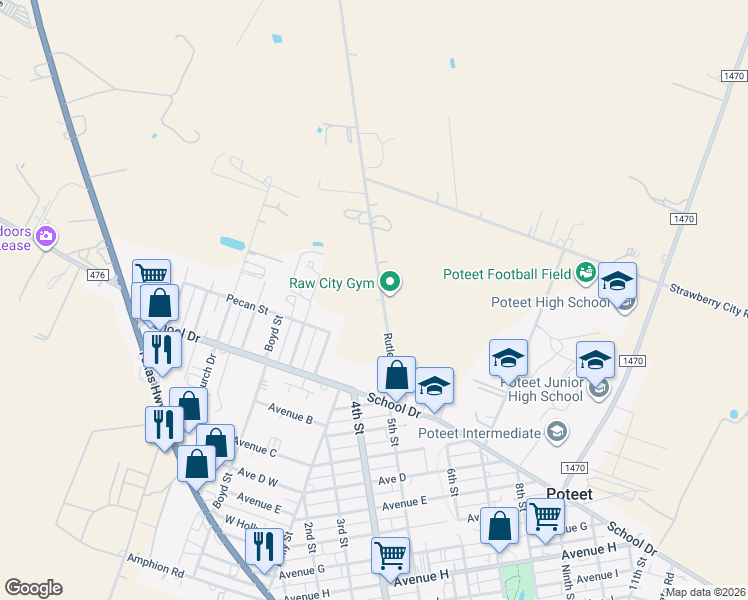 map of restaurants, bars, coffee shops, grocery stores, and more near 265 Rutledge Road in Poteet