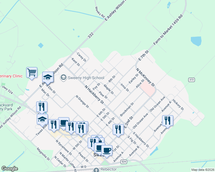 map of restaurants, bars, coffee shops, grocery stores, and more near 608 Maple Street in Sweeny