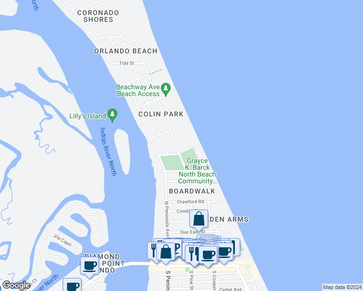 map of restaurants, bars, coffee shops, grocery stores, and more near 1203 North Atlantic Avenue in New Smyrna Beach