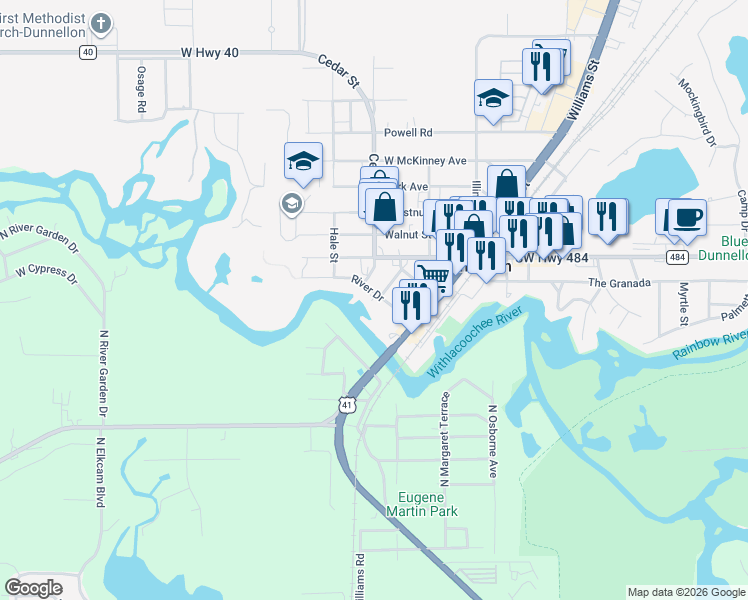 map of restaurants, bars, coffee shops, grocery stores, and more near 20800 River Drive in Dunnellon