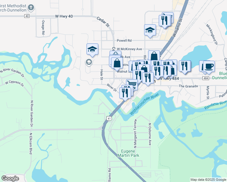 map of restaurants, bars, coffee shops, grocery stores, and more near 20800 River Drive in Dunnellon