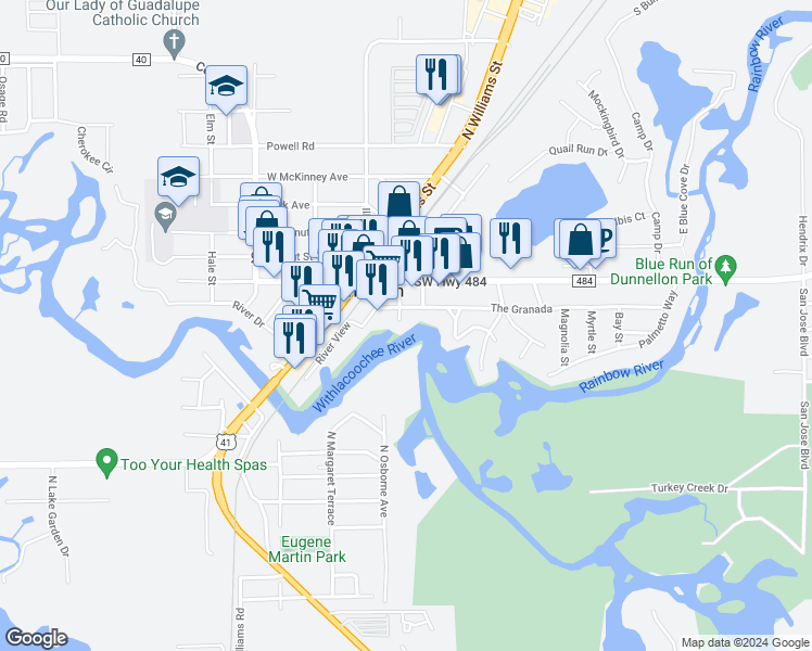 map of restaurants, bars, coffee shops, grocery stores, and more near 12061 Mary Street in Dunnellon