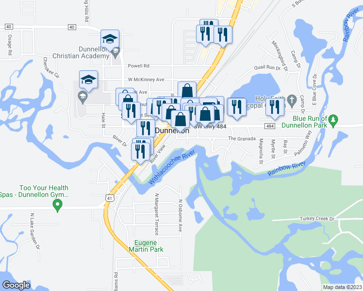 map of restaurants, bars, coffee shops, grocery stores, and more near 12061 Mary Street in Dunnellon