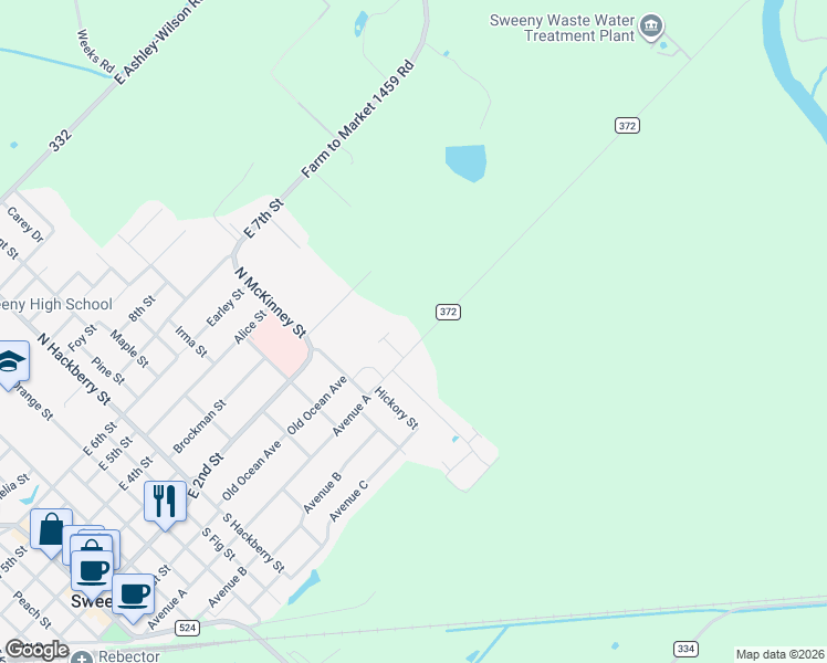 map of restaurants, bars, coffee shops, grocery stores, and more near 1303 Avenue A in Sweeny