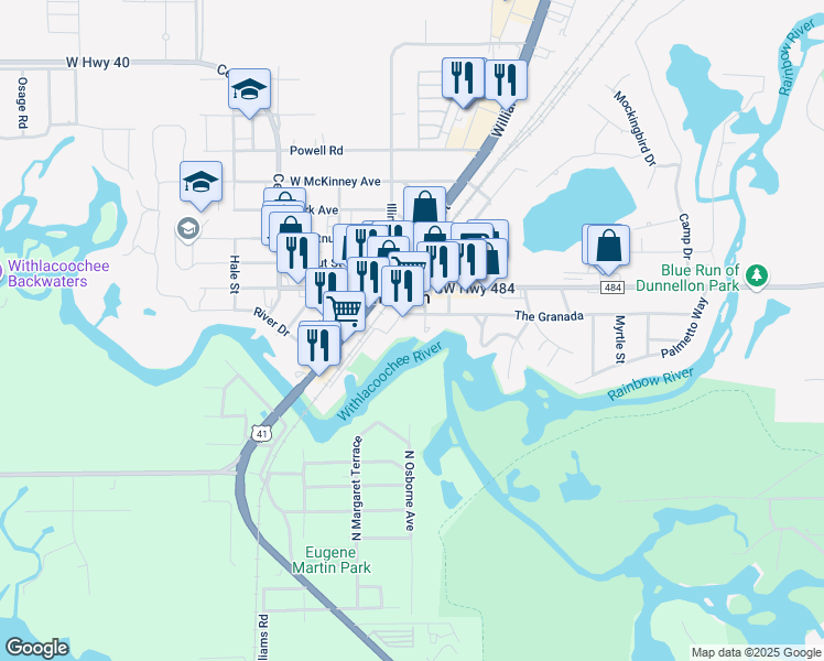 map of restaurants, bars, coffee shops, grocery stores, and more near 12061 Mary Street in Dunnellon