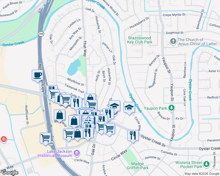 map of restaurants, bars, coffee shops, grocery stores, and more near 135 Oak Drive in Lake Jackson