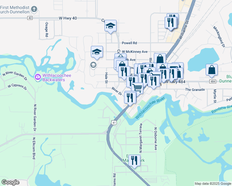 map of restaurants, bars, coffee shops, grocery stores, and more near 20820 River Drive in Dunnellon