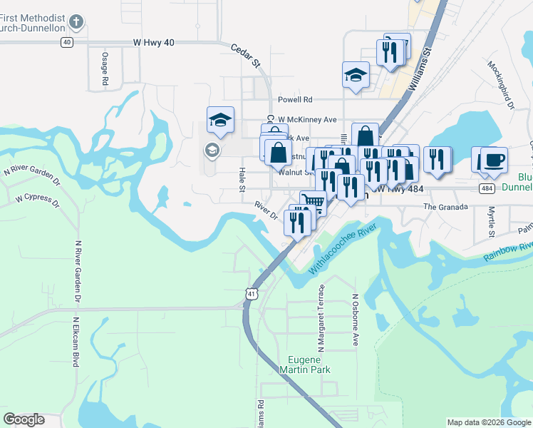 map of restaurants, bars, coffee shops, grocery stores, and more near 20800 River Drive in Dunnellon